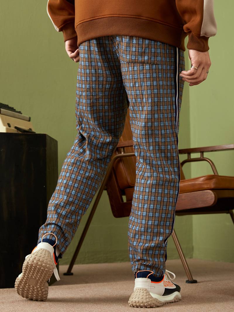 Miesten Raidallinen Sivuruudullinen Kuviollinen Kiristysnyöri Vyötäröllä Preppy Pants