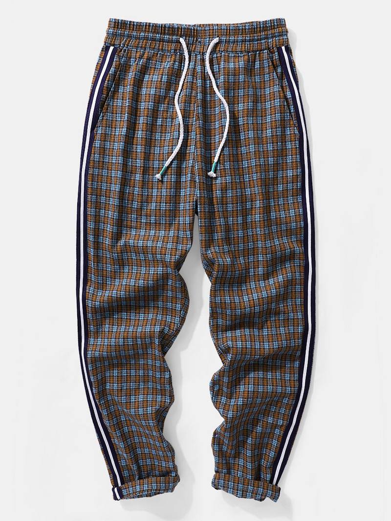 Miesten Raidallinen Sivuruudullinen Kuviollinen Kiristysnyöri Vyötäröllä Preppy Pants