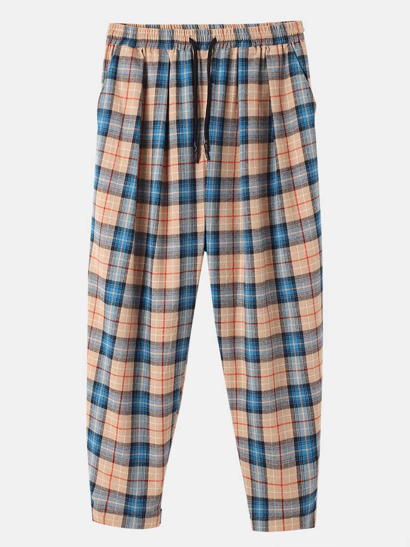 Miesten Tartan Joustava Vyötärö Kiristysnyöri Magic Straps Cuff Jogger-housut Taskulla