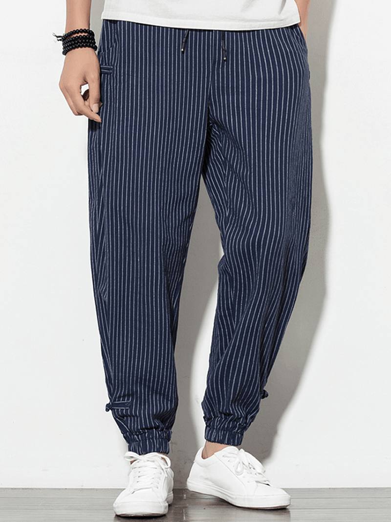 Miesten Vintage Stripe 100% Puuvillaa Yksivärinen Kiristysnyörillä Vapaat Housut