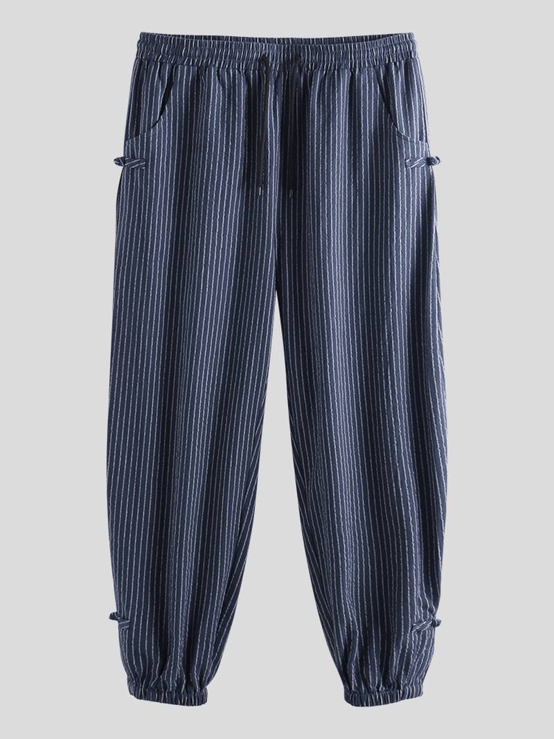 Miesten Vintage Stripe 100% Puuvillaa Yksivärinen Kiristysnyörillä Vapaat Housut