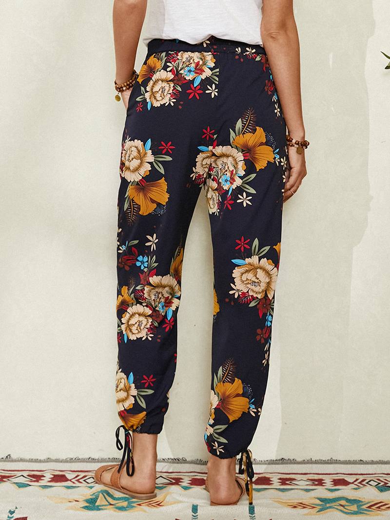 Naisten Kukkakuvioinen Bohemian Tie Cuff Pants Taskulla