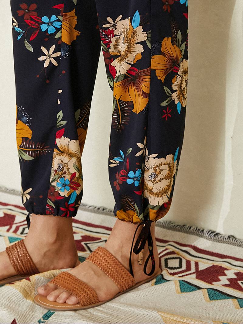 Naisten Kukkakuvioinen Bohemian Tie Cuff Pants Taskulla