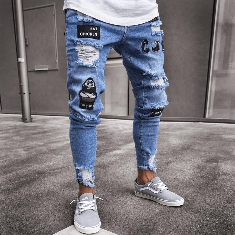 Valkoinen High-end Denim Miesten Housut Rajat Ylittävä Ulkomaankauppa Hole Trend Musta Slim Farkut Miesten