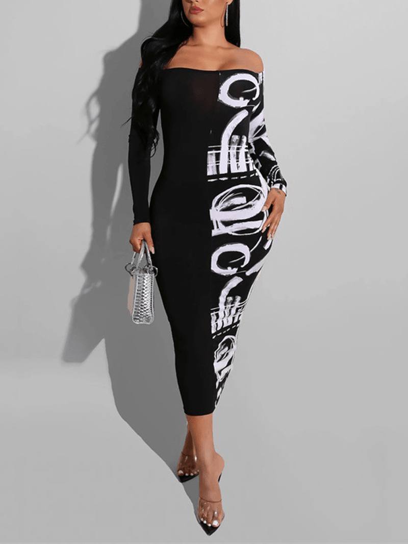 Alphabet Graffiti Patchwork Off Olkapäältä Black Bodycon Maxi Dress