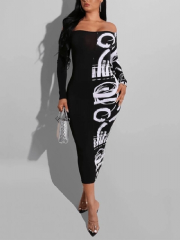 Alphabet Graffiti Patchwork Off Olkapäältä Black Bodycon Maxi Dress