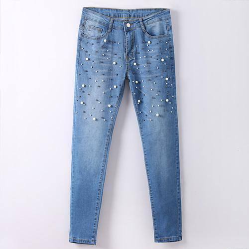 Denim Naisten Skinny Jeans With Pearls Pants Slim Pearl Jeans Naisten 2018 Mid Waist Lyijykynäfarkku Naisille