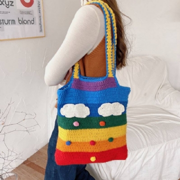 Naiset Rainbow Stripe Sarjakuva Söpö Rento Nuorten Villaneulottu Laukku Käsilaukku Tote Crossbody Laukku