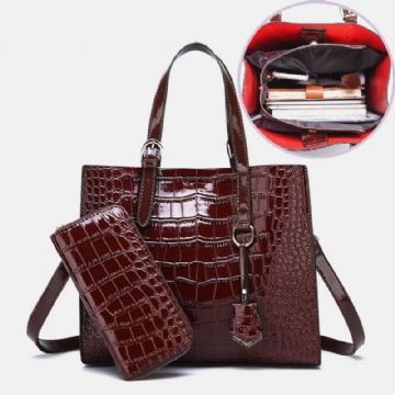 Naisten 2kpl Alligator Pu Multi-pocket Suurikapasiteettinen Käsilaukku Crossbody Laukku Tote