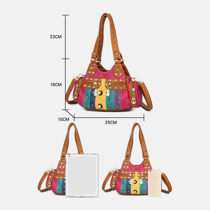 Naisten Pu-nahka Tekojalokivi Patchwork Vedenpitävä Vintage Olkalaukku Käsilaukku Tote Crossbody Laukut