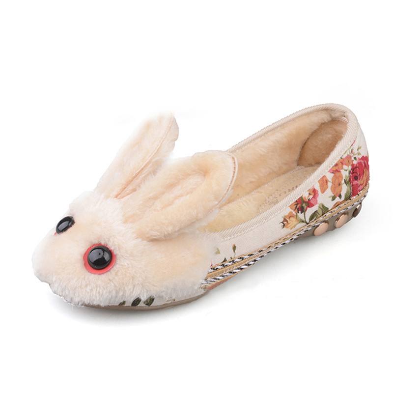 Floral Rabbit Wool Fleece Vuori Slip Pyöreät Toe Flat Kengät