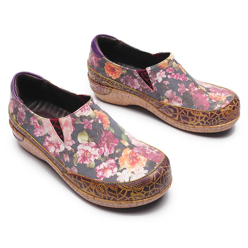 Naiset Bloom Flowers Splicing Retro Tikkaus Slip On Matalat Kengät