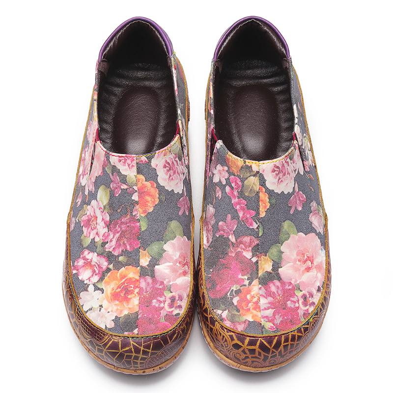 Naiset Bloom Flowers Splicing Retro Tikkaus Slip On Matalat Kengät