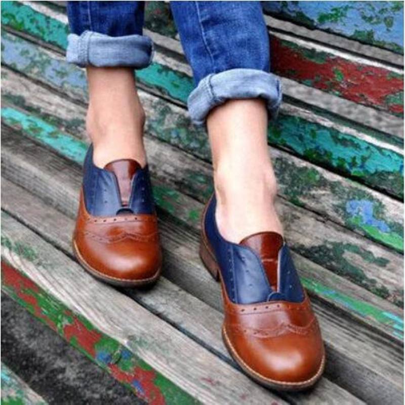 Naisten Väri Splicing Neliömäinen Kantapää Pyöreä Toe Brogue Oxfords Rento Matalat Kengät Loafers