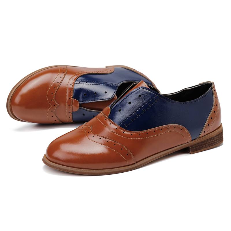 Naisten Väri Splicing Neliömäinen Kantapää Pyöreä Toe Brogue Oxfords Rento Matalat Kengät Loafers