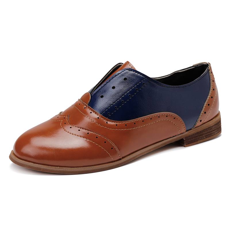 Naisten Väri Splicing Neliömäinen Kantapää Pyöreä Toe Brogue Oxfords Rento Matalat Kengät Loafers