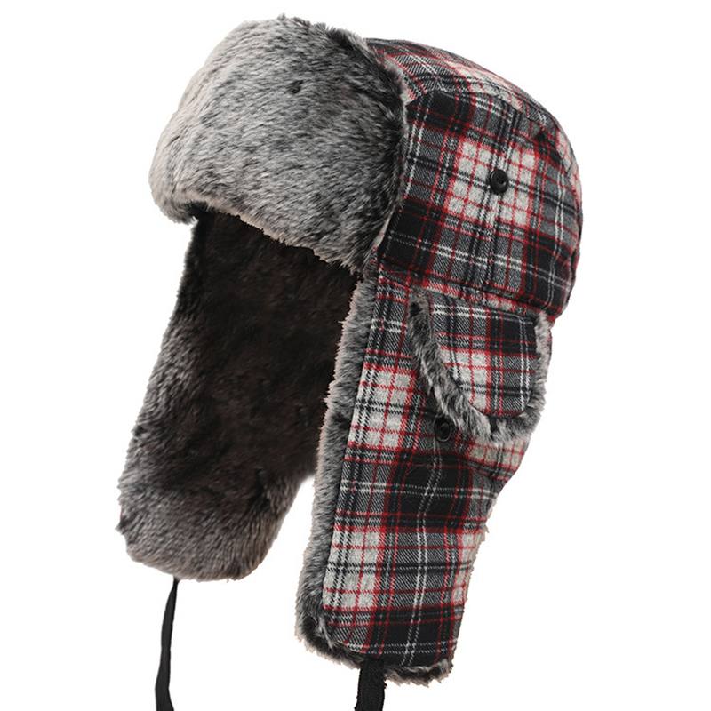 Miesten Naisten Plaid Plus Velvet-kuulosuojaimet Ushanka Trapper Hat