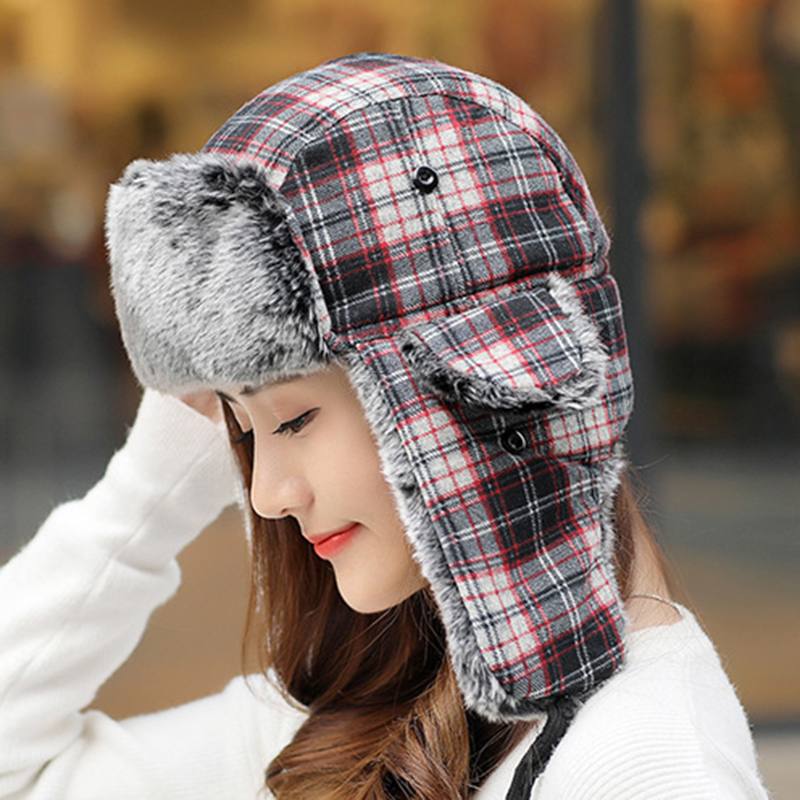 Miesten Naisten Plaid Plus Velvet-kuulosuojaimet Ushanka Trapper Hat