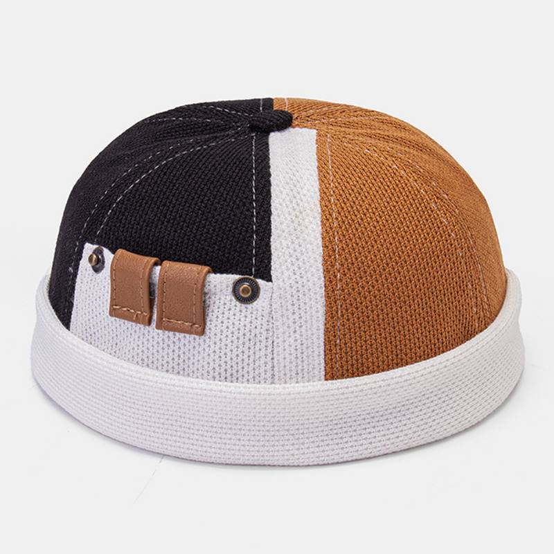 Miesten Polar Fleece Colour Block Stitching Dome Beanie Skull Cap Syksy Talvi Lämmin Säädettävä Nahka Solki Landlord Cap