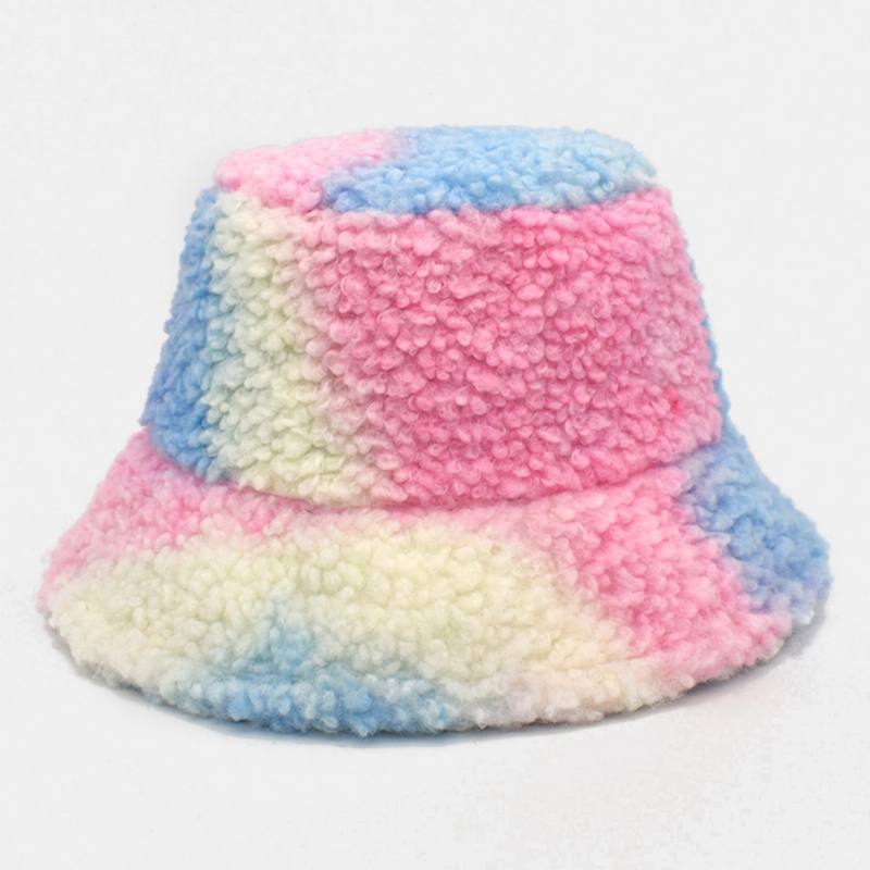 Naisten Tie-dye Mix Color Lampaan Hiukset Lämmin Rento Söpö Bucket Hat