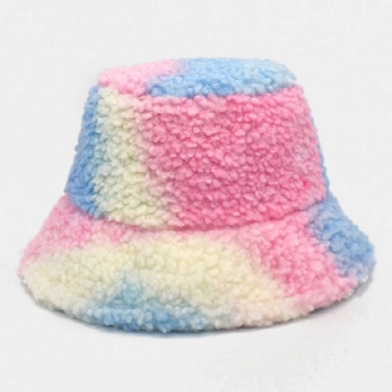 Naisten Tie-dye Mix Color Lampaan Hiukset Lämmin Rento Söpö Bucket Hat