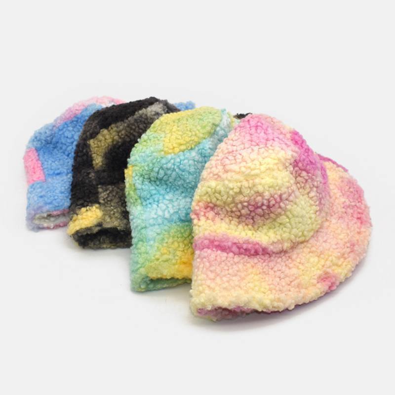 Naisten Tie-dye Mix Color Lampaan Hiukset Lämmin Rento Söpö Bucket Hat