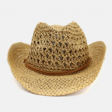 Unisex Käsintehty Aurinkovoide Travel Beach Aurinkohattu Cowboy Style Panama Hat Olkihattu Säädettävällä Narulla