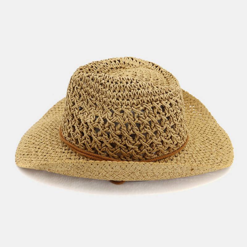 Unisex Käsintehty Aurinkovoide Travel Beach Aurinkohattu Cowboy Style Panama Hat Olkihattu Säädettävällä Narulla