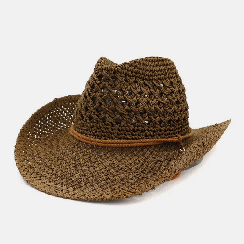 Unisex Käsintehty Aurinkovoide Travel Beach Aurinkohattu Cowboy Style Panama Hat Olkihattu Säädettävällä Narulla