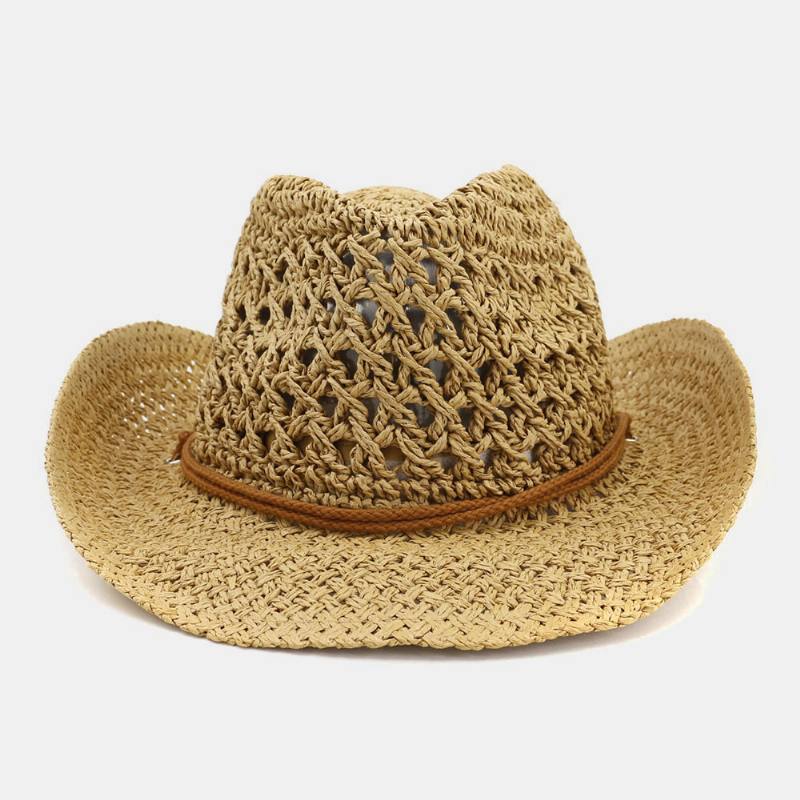 Unisex Käsintehty Aurinkovoide Travel Beach Aurinkohattu Cowboy Style Panama Hat Olkihattu Säädettävällä Narulla