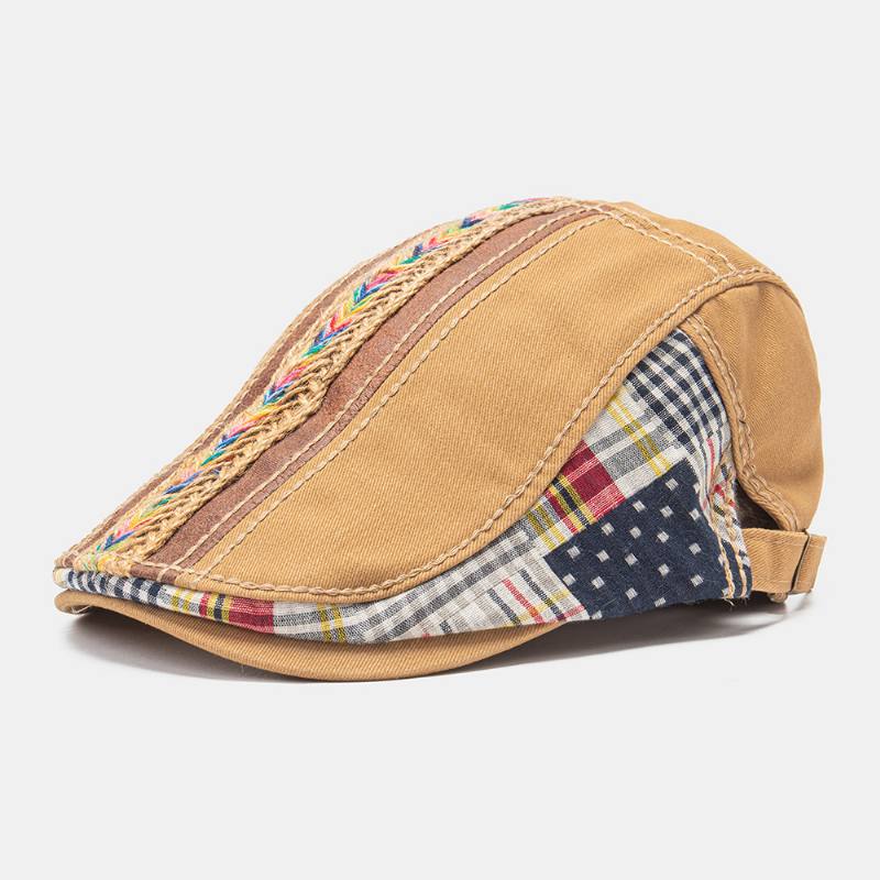 Unisex-puuvillapatchwork Sateenkaarenvärinen Kudottu Olkiköysi Koristeet Rento All-match Baretti Litteä Lippalakki Ivy Cap