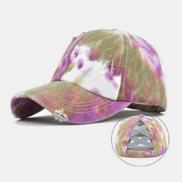 Unisex-värinen Tie-dye Poninhäntä Baseball-lippis Broken Hole Big Brim Hengittävä Stretch Fit Lippis