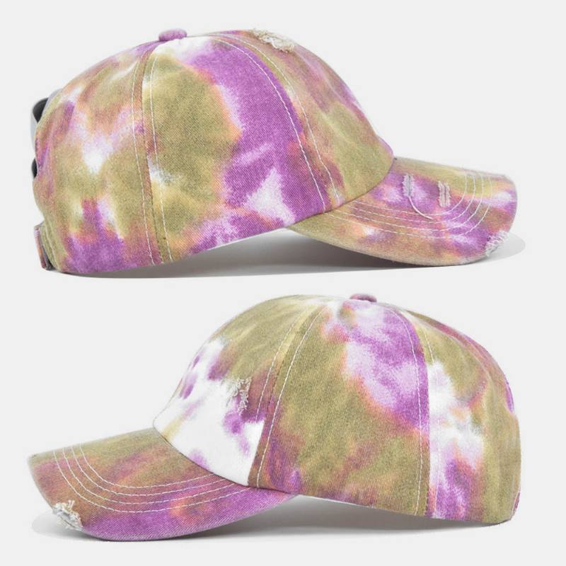 Unisex-värinen Tie-dye Poninhäntä Baseball-lippis Broken Hole Big Brim Hengittävä Stretch Fit Lippis