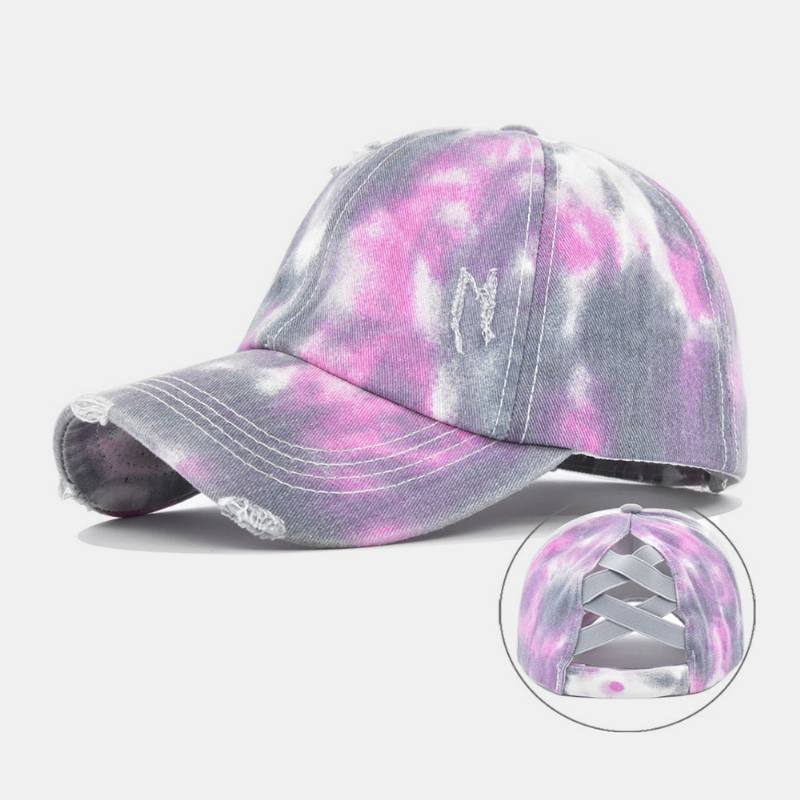 Unisex-värinen Tie-dye Poninhäntä Baseball-lippis Broken Hole Big Brim Hengittävä Stretch Fit Lippis