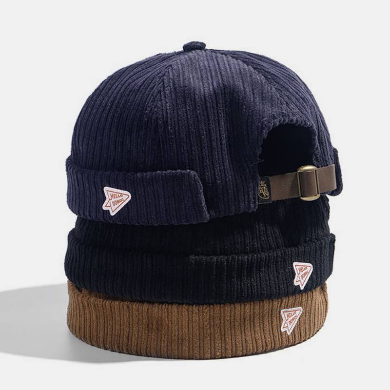 Unisex Vakosamettipaperi Lentokonepatch Raidallinen Hattu Syksy Talvi Lämmin Säädettävä Retro Reunaton Pipo Landlord Cap Skull Cap